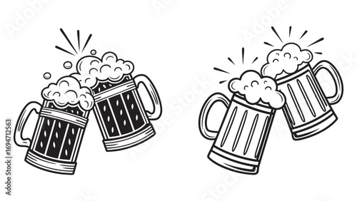 Beer mugs toasting silhouette vector design for celebration, party, cheers, pub, Oktoberfest, and drink-themed decoration. hand drawn vector illustration of a beer bottle and beer
