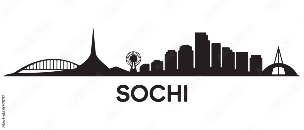 Obraz premium Sochi skyline horizontal banner. Sochi, Russia. Vector template for your design. Vector black silhouette. with white background