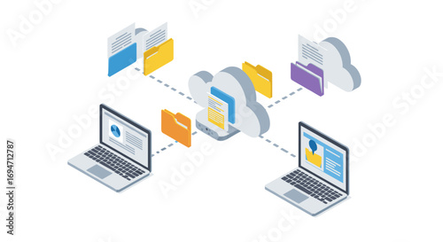 Cloud data sharing concept with laptops and folders in isometric design