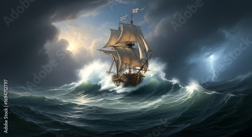Dramatic painting of a ship sailing through a stormy sea, with towering waves and dark clouds, capturing the power and danger of the ocean during a tempest