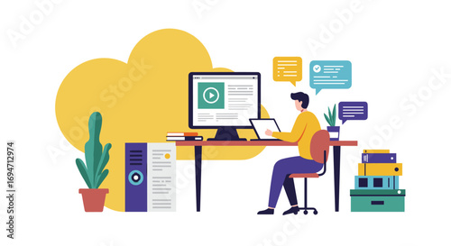 Remote work concept with man at desk in modern flat style