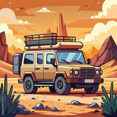 Rugged off road adventure vehicle parked in a desert landscape with dramatic rock formations and sunset sky