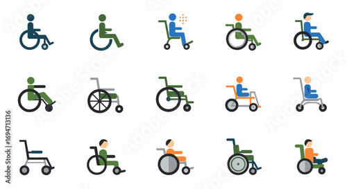 Inclusive icons: diverse wheelchair user symbols in modern flat design