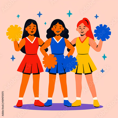 Vibrant flat design illustration of a diverse and energetic cheerleading squad holding colorful pom-poms, representing teamwork and school spirit
