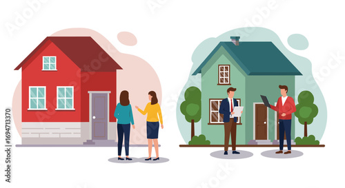 Real estate agent consultation with clients in front of houses