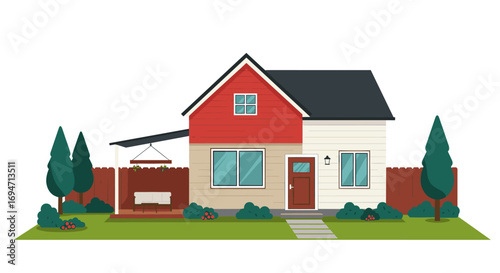 Cozy suburban house with red facade, front yard, and garden in flat design