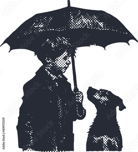 A touching illustration of a boy sharing his umbrella with a stray dog, a beautiful moment of kindness and friendship.