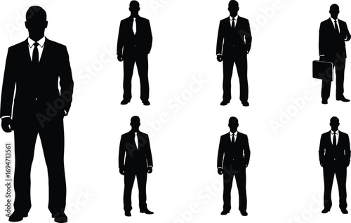 Businessman Silhouettes in Seven Professional Poses Including Briefcase on White Background for Corporate, Career, and Design Content