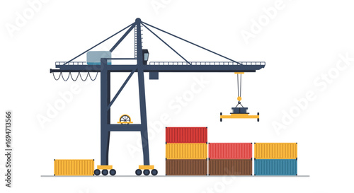 Flat design port crane lifting multi-colored shipping containers for global transport