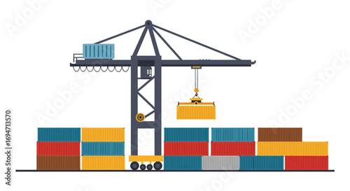 Modern flat design container crane with stacked cargo boxes at port