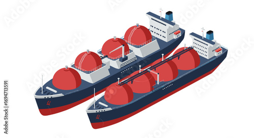 Isometric lng tankers with red domes traveling parallel in open sea