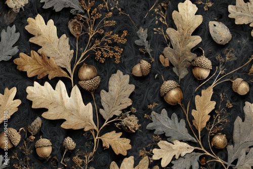 Golden autumn leaves and acorns