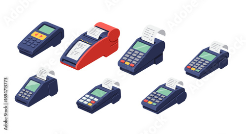 Isometric payment terminals with receipts on white background