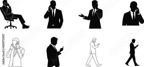 Businessman Silhouettes Using Mobile Phones in Eight Professional Poses for Corporate, Communication, and Marketing Design Content
