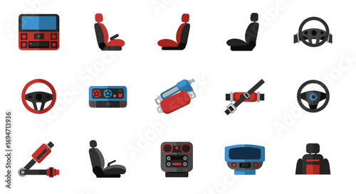 Collection of car interior icons: steering wheels, seats, and safety equipment in flat design
