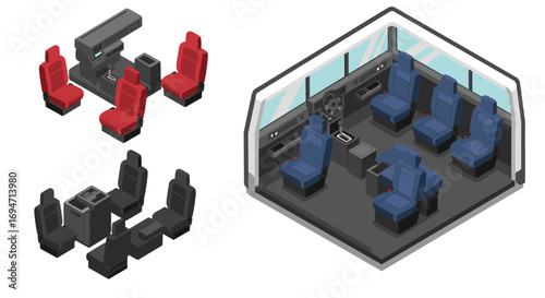 Isometric bus interior designs: modern seating and driver cabin layouts