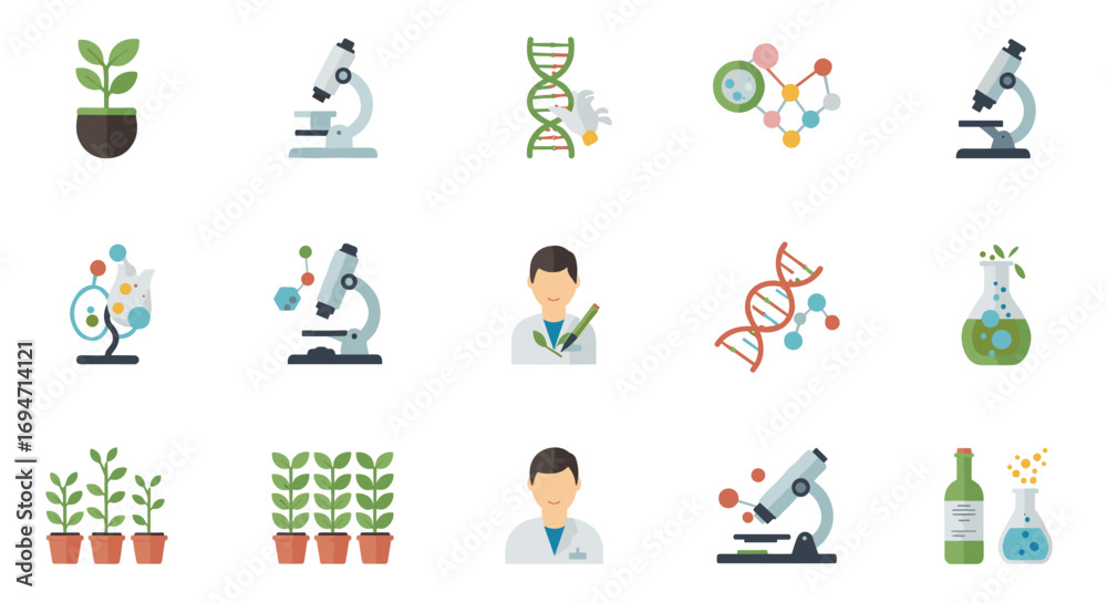 Fototapeta premium Science laboratory icons: microscope, dna, chemistry, and botany elements