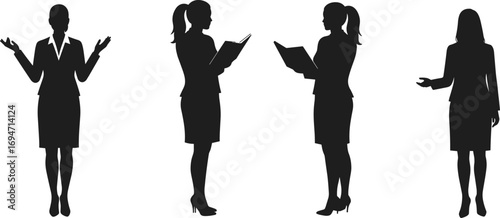 Businesswoman Silhouettes in Four Communicative Poses Featuring Gestures and Documents for Professional, Educational, and Design-Themed Content