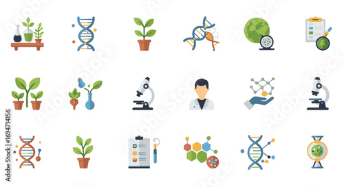 Flat laboratory and dna icons set: science symbols with plants and equipment