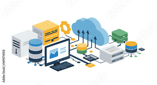 Isometric cloud computing network with servers and data storage elements
