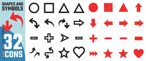 Collection of red geometric shapes arrows and symbols isolated on transparent background for design and illustration