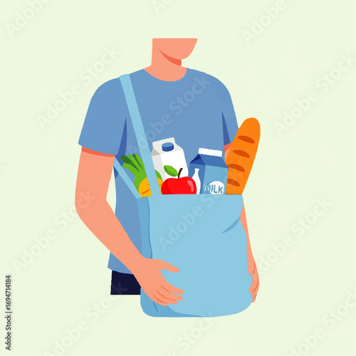 Person carrying fresh groceries in reusable shopping bag, promoting sustainable lifestyle choices