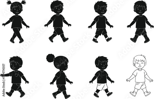 Cartoon Children Silhouettes and Full-Color Walking Character in Playful Poses on White Background for Kids and Educational Content