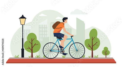 Urban cyclist commuting through city park with modern skyline and greenery