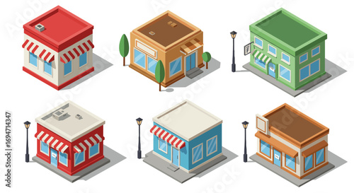Isometric buildings set with colorful small shops and cafes
