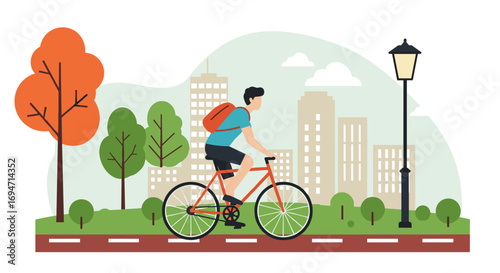 Urban commuter cycling through autumn cityscape with minimalist design