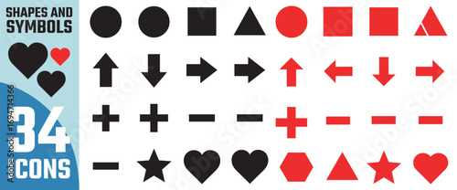 Collection of black and red geometric shapes arrows hearts stars and symbols isolated on transparent background