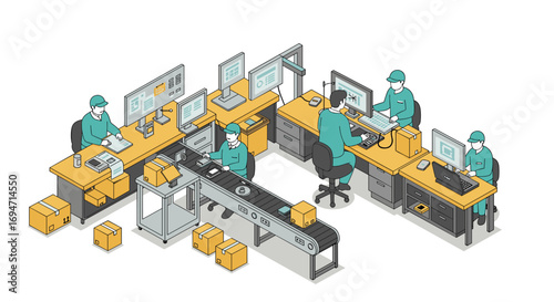 Automated factory workflow with workers at desks and conveyor belt