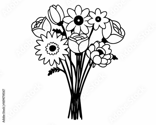 Elegant Floral Sketch: A delicate sketch showcases a bouquet of blossoms, featuring roses, daisies, and other flowers, hand-drawn with precision and artistry.