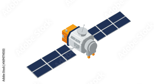 Isometric satellite design with solar panels in space theme