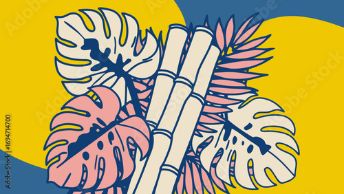 Tropical Flora: A vibrant composition showcasing the beauty of nature, with monstera leaves and bamboo arranged against a playful backdrop, evoking a sense of exotic flair and botanical elegance.
