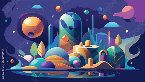 A cute cartoon Easter bunny with eggs in a nest celebrates a new year's holiday under a starry night sky