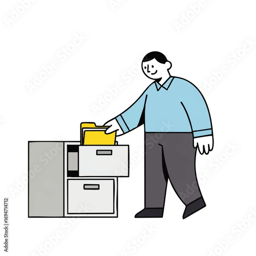 Office worker searching files in a filing cabinet, organizing documents for efficient workflow