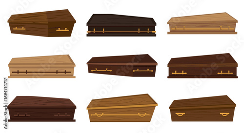 Variety of wooden coffins in flat design with different styles and colors