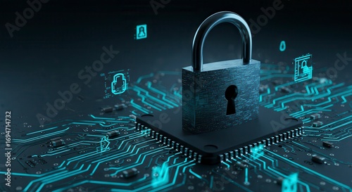 Wallpaper Mural Padlock on an illuminated circuit board with neon blue data streams, bold cybersecurity visual with strategic copy space for encryption, MFA, and privacy campaigns. Torontodigital.ca