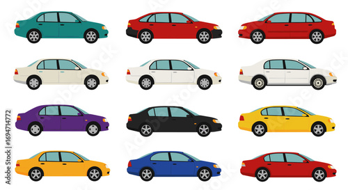 Colorful collection of various car models in flat style set on white background