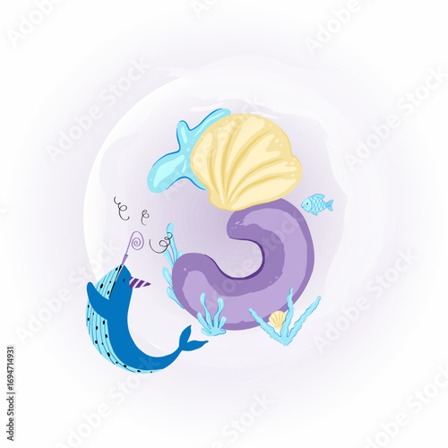 Nautical style baby birthday card with number 3 and cute whale. Birthday, 3 months old baby, 3 years old. Cute marine birthday composition. Vector illustration