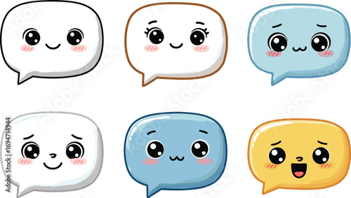 Cartoon Speech Bubbles with Expressive Faces in Six Colorful Styles for Messaging, UI, and Communication Design Content