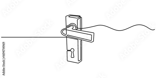 Door knob continuous one line drawing. Open door one line illustration. One continuous line drawing of opened door. Door outline drawing illustration. Continuous one line drawing of Opened door design