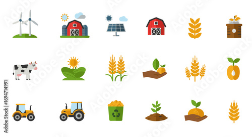 Sustainable farming elements set featuring agriculture and eco icons