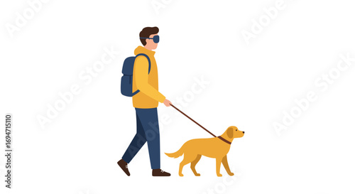 Person walking dog in minimalist style with backpack and sunglasses