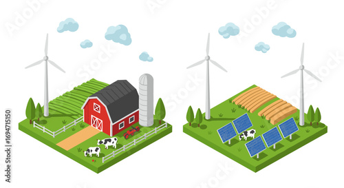 Isometric sustainable farm scene with wind turbines and solar panels