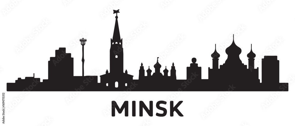 Fototapeta premium Minsk skyline silhouette. Black Minsk city design. Vector black silhouette. with white background