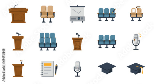 Conference and graduation icons featuring microphones and podiums in flat style
