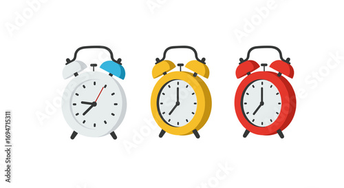Colorful retro alarm clocks on white background