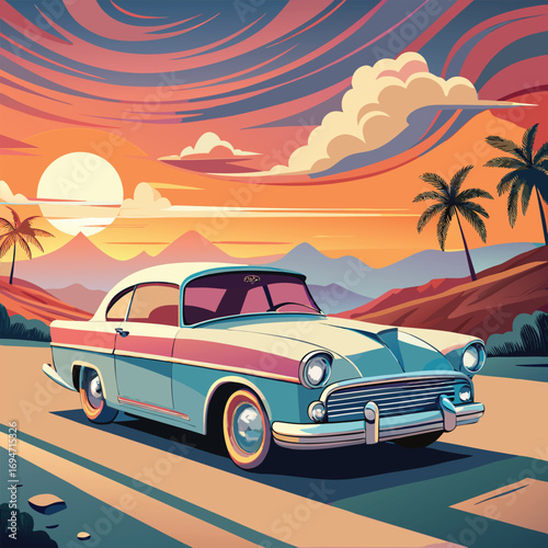 Classic teal and pink two tone coupe driving through a scenic desert landscape at sunset